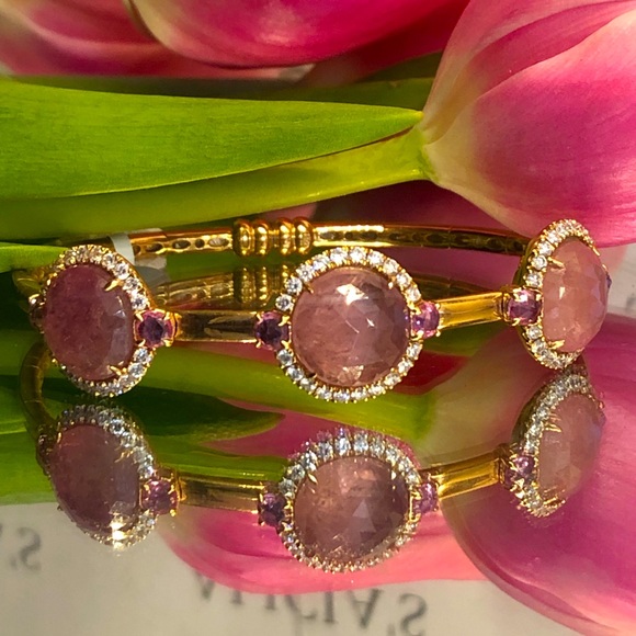 Alicias Jewelry - Pink Sapphire and Diamond Bangle Bracelet in 18k Rose Gold